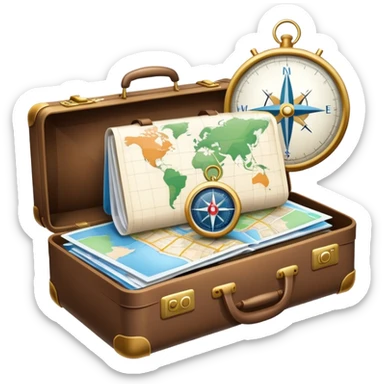 An icon featuring a suitcase, hotel building, symbolizing the scientific study of tourism and hospitality. The design includes a map, a compass, and a checklist, representing travel planning and service management. Transparent background highlights the academic exploration of the tourism industry. sticker
