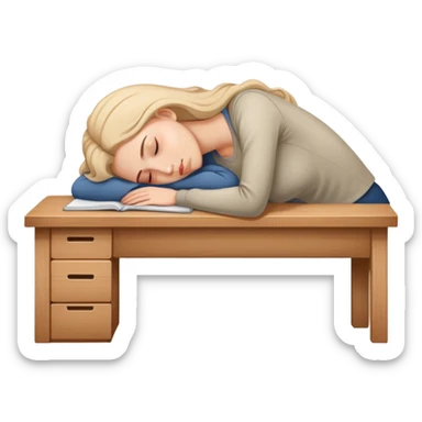 Tired woman sleeping with head down on empty desk sticker