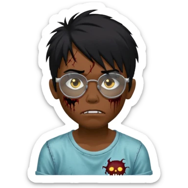 Boy, zombie, black hair, medium long, emo, shaggy, dark, spooky, creepy expression emoji, add transparent glasses, a risk on the eyebrow, some tattos sticker