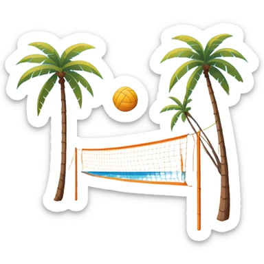 A volleyball resting on the orange sand ground of a beach, with a volleyball net in the background. The scene captures a sunny beach atmosphere with clear blue sea and sky, palm trees swaying, and people in swimsuits enjoying the vibrant surroundings sticker
