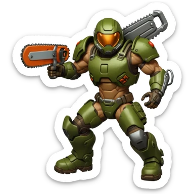 Doom Slayer jumping with a chainsaw, dynamic pose, intense eyes sticker