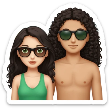 Two besties on the beach, black sunglasses, 1: long ironed straight darkbrown hair, green eyes, 2: long curly darkbrown hair, brown eyes  sticker