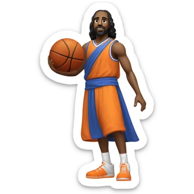The black Jesus in Knicks uniform with a bald head, beard, and goatee, a white and orange cape…spinning a basketball on its head. sticker