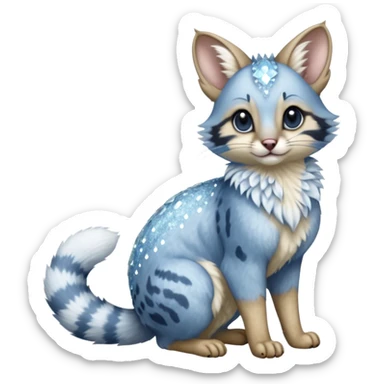 Hyper realistic  glacier-blue fur edged in frost-crystal lace and diamond sparkle dust beautiful elegant pretty precious cute  Fakémon-Pokémon-opossum-feline-serval-caracal-chinchilla-Furret-Minccino-hybrid-creature with a big fluffy bushy tail (full body) sticker