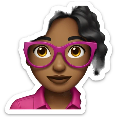 Girl with long wavey black hair and brown skin and brown eyes and fuchsia and black glasses sticker