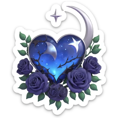 gothic heart, midnight blue glass, silver crescent moon, black roses, stardust, lightning, rain, cracked glass, romantic gothic style sticker