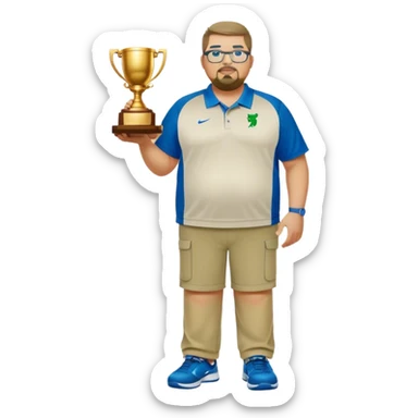  full body white obese male basketball coach with trophy. Goatee , Wearing glasses and blue and green nike polo shirt and khaki pants sticker