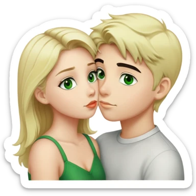 A blonde girl with green eyes kisses a boy with fair skin and black hair with a hairstyle that stands up and green eyes sticker