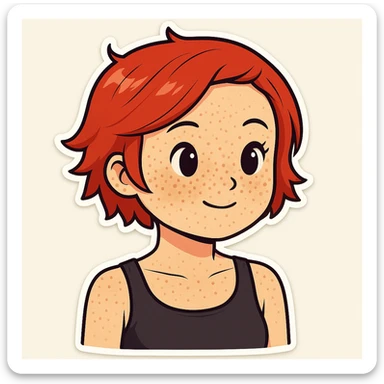 Add freckles to the girl's face, keep short red hair and flat chest, in a sticker style illustration. Use a general style editor as sticker style does not support editing. sticker