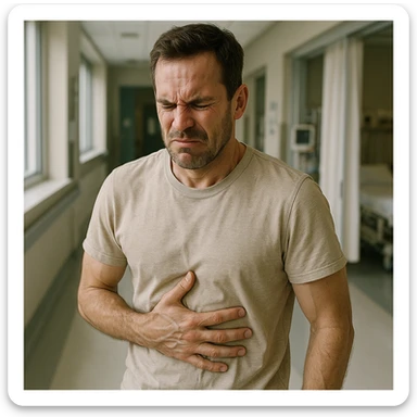 man with diaphragm blocked due to stress, hyper realistic style, tense face, rigid posture, hand pressing on abdomen, realistic details, hospital environment, natural light sticker