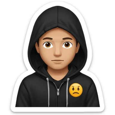young man in a hood, black hoodie, on it is a logo of two WW sticker