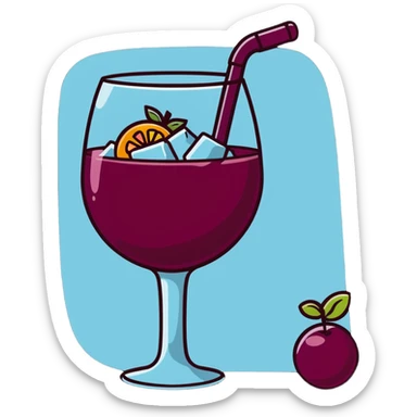 frozen sangria with lots of ice cubes, very cold, icy, with fruit pieces and wine sticker