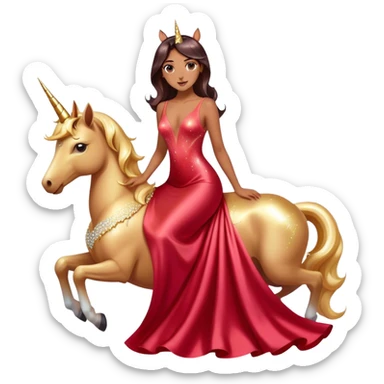 "woman, in long slim pastel red formal party satin dress with gradient shiny sparkling dark red", rides "unicorn gold and white" sticker