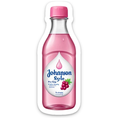 realistic Johnson and Johnson style bottle pink cap pink label clear bottle with berry party written on the logo with diddy logo bottle leaking oil from the top sticker