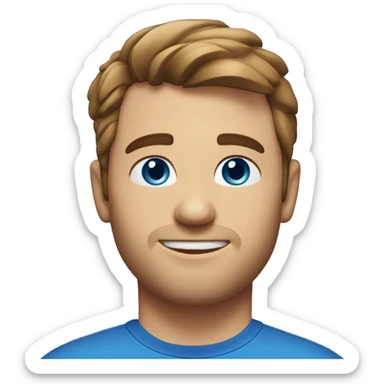 A head and shoulders shot of a 32 year old Caucasian man, with short brown hair,   with blue eyes wearing a t-shirt. sticker