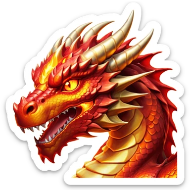 Cinematic Noble Fierce Fire Dragon Portrait Emoji, Poised and imposing, with a muscular, scaled body ablaze in fiery hues of crimson, molten orange, and molten gold, and intense, burning eyes that mirror the heart of a volcano; rendered with lifelike texture and dynamic natural highlights, high shine, formidable and intense, styled with an aura of scorching mythic power, focused and resolute, soft glowing outline, capturing the essence of a legendary inferno poised to ignite the screen with timeless ferocity! sticker