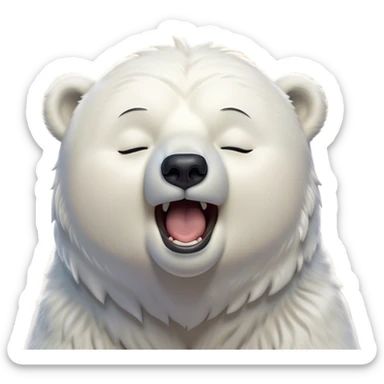 Cinematic Cute Yawning Polar Bear Portrait Emoji, Head tilted slightly with a dramatic, wide-open yawn, showcasing luxuriously thick fur and sleepy, half-closed eyes radiating drowsy contentment, Simplified yet irresistibly adorable features, highly detailed, glowing with a soft, cozy polar light, high shine, relaxed yet expressive, stylized with a dash of whimsical arctic charm, soft glowing outline, capturing the essence of a drowsy yet affectionate guardian that seems ready to stretch out for a nap! sticker