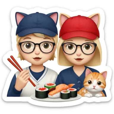 cute girl cat with glasses and a cute boy cat with a baseball cap eating sushi together sticker