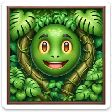 Cinematic Realistic Rainforest Emoji in a wooden frame, Lush and vibrant, filled with towering trees, thick vines, and dense green foliage, sunlight filtering through the canopy above, creating dappled patches of light on the rich, diverse undergrowth. The air is heavy with moisture, with mist rising from the forest floor and distant calls of exotic birds and animals echoing through the trees. Soft glowing outline, capturing the essence of a thriving, untamed tropical paradise filled with life! sticker