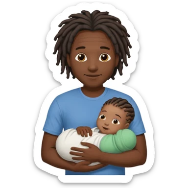 Happy African very dark black skinDad with short dread locs, with his faceless newborn in arm,faceless brown skin newborn baby in arm. sticker