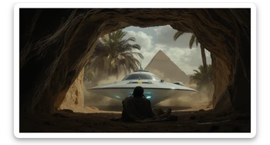 cinematic still, documentary photography, acient egypt, back shot of a man dress in ancient clothes in cave (frame in frame effect) on ground laying front of small ufo starship, palms, dynamic scane, leading lines, captured by arri alexa, depth layers, piramids in babckground sticker