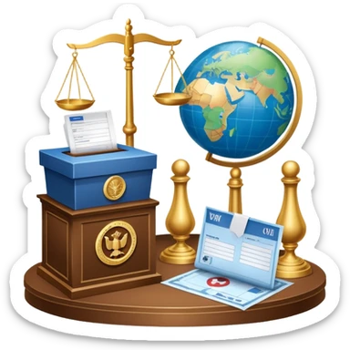 An icon featuring a podium with a speaker, a ballot box with a voting slip, and a globe, symbolizing political science. The design includes scales of justice and a world map in the background, representing governance and global politics. Transparent background highlights political analysis. sticker