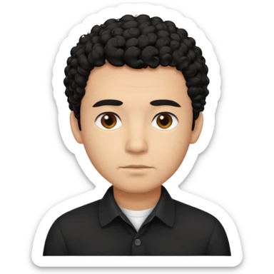 Create a generic male emoji with medium skin tone, short curly black hair, and a calm, neutral facial expression. The emoji should wear a plain black collared shirt and be facing forward. Keep the style clean and simple, suitable for general use sticker
