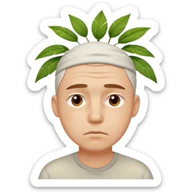tired sad man with sweat on forehead, plant behind sticker
