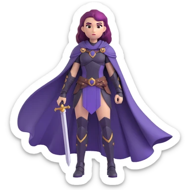 mysterious warrior girl with flowing purple hair, dressed in black armor, standing heroically with a cape flowing behind her, emoji style sticker