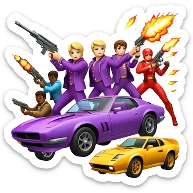 Icon for Action Movies: Close-up collage with dynamic explosions, guns, fast cars, and heroic figures in action poses. Include iconic weapons, dramatic lighting, and high-energy scenes that capture the essence of action films. Vibrant colors and intense motion. Transparent background. sticker