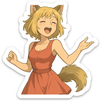 anime style furry girl with wolf ears and tail, short blonde hair, green eyes, hourglass figure, singing with joy, soft lighting, ghibli style sticker