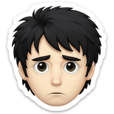 Hair: Messy, shaggy black hair that sticks out in uneven tufts, like he never bothers to style it.

Eyes: Big, heavy-lidded eyes with dark circles/eye bags, giving him a tired, haunted stare.

Skin: Very pale complexion sticker