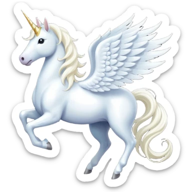 All white Cinematic Noble Unicorn with wings, slender with a flowing mane and tail and spiraled horn sticker