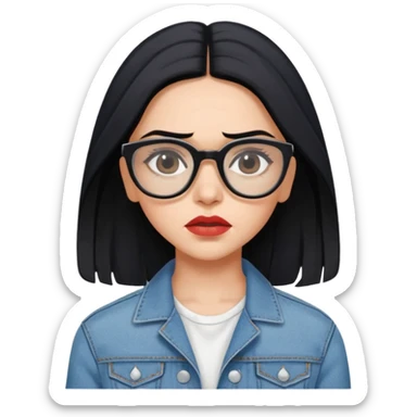 generate a pretty bratz emoji 
Make her wear a white dress with a denim jacket over it. black hair side part 

She should look exactly  like Deepika padukone. wearing tiny rectangular spectacle, looking sad sticker