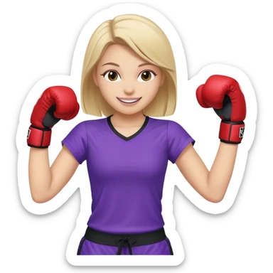 a white girl in  purple gear kickboxing smiling with a full shirt on sticker