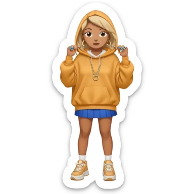 think oversized hoodie over a mini skirt, chunky sneakers grounding the look, and maybe a few layered necklaces or rings to flex a little personality. Sometimes she goes edgy with a leather jacket and ripped jeans, other times soft with flowy dresses or pastel cardigans. sticker