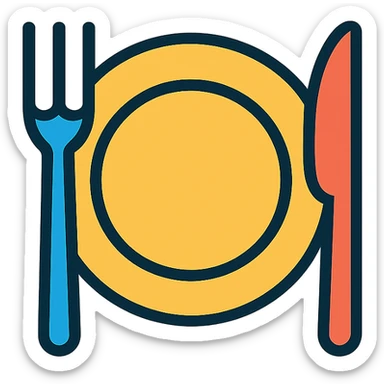 meal time icon, simple, clean, universal, plate with fork and knife, minimal color, modern icon style sticker