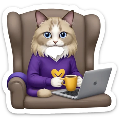 a cute blue eyed brown and white ragdoll cat with white paws and brown and beige tail wearing the dark violet sweater with yellow letteting "Milena" sitting on a grey sofa with grey laptop branded lettering "Lenovo", it` not brand Apple - only Lenovo and drinking coffee sticker