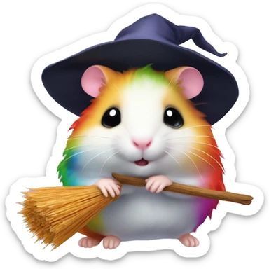 Kawaii rainbow hamster on witches broom sticker