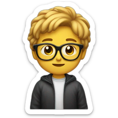 un niño con gafas con el pelo negro comiendo sticker