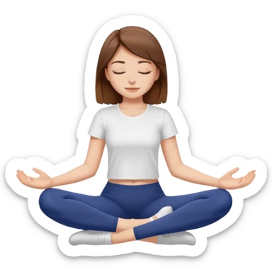 Brown haired girl with closed eyes in dark blue leggings and a white t-shirt sits on the splits sticker