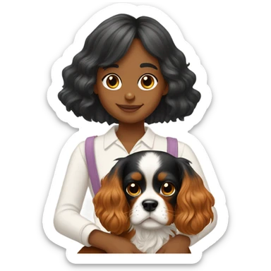 Girl with bangs petting cavalier King Charles spaniel dog sticker