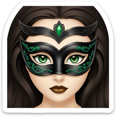 Greeneyed Woman with Long Dark brown hair wearing Black venetian mask sticker