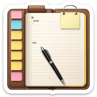 daily planner agenda  leather with open page and pen with stickynotes sticker