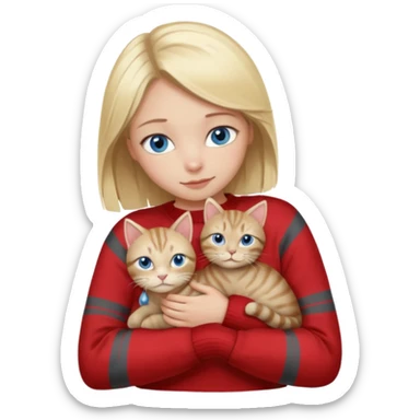 Blonde girl with blue eyes in red sweater cuddling with light grey tabby cat with dark grey stripes sticker