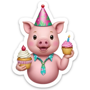 Pig with aloha shirt, birthday hat, holding a cupcake sticker