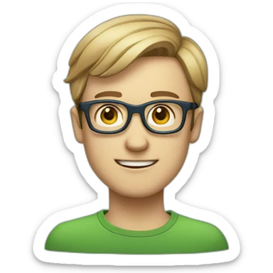 Chatty man, short hair, small thin glasses, blue-green eyes, geek sticker