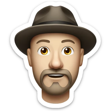 Photorealistim A plump bald man of Slavic appearance with a goatee beard and mustache, wearing a fedora hat, big details sticker