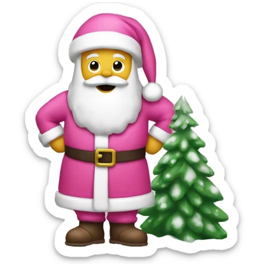 santa next to a snowy christmas tree in pink sticker