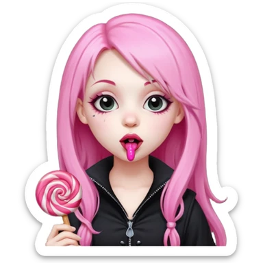 Cute Goth girl with long pink hair licking a lolli sticker